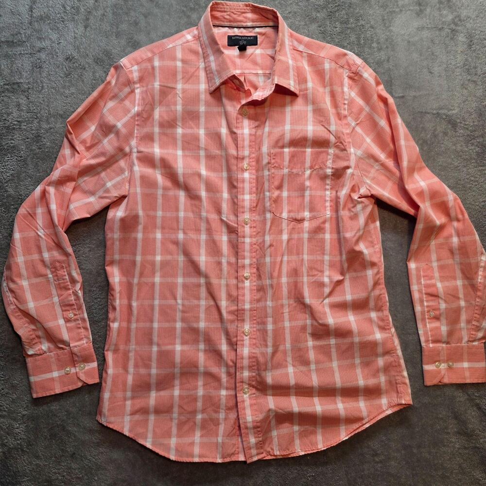 Banana Republic Dress Shirt Mens 16.5 34/35 Pink Plaid Non Iron Slim Fit Cotton